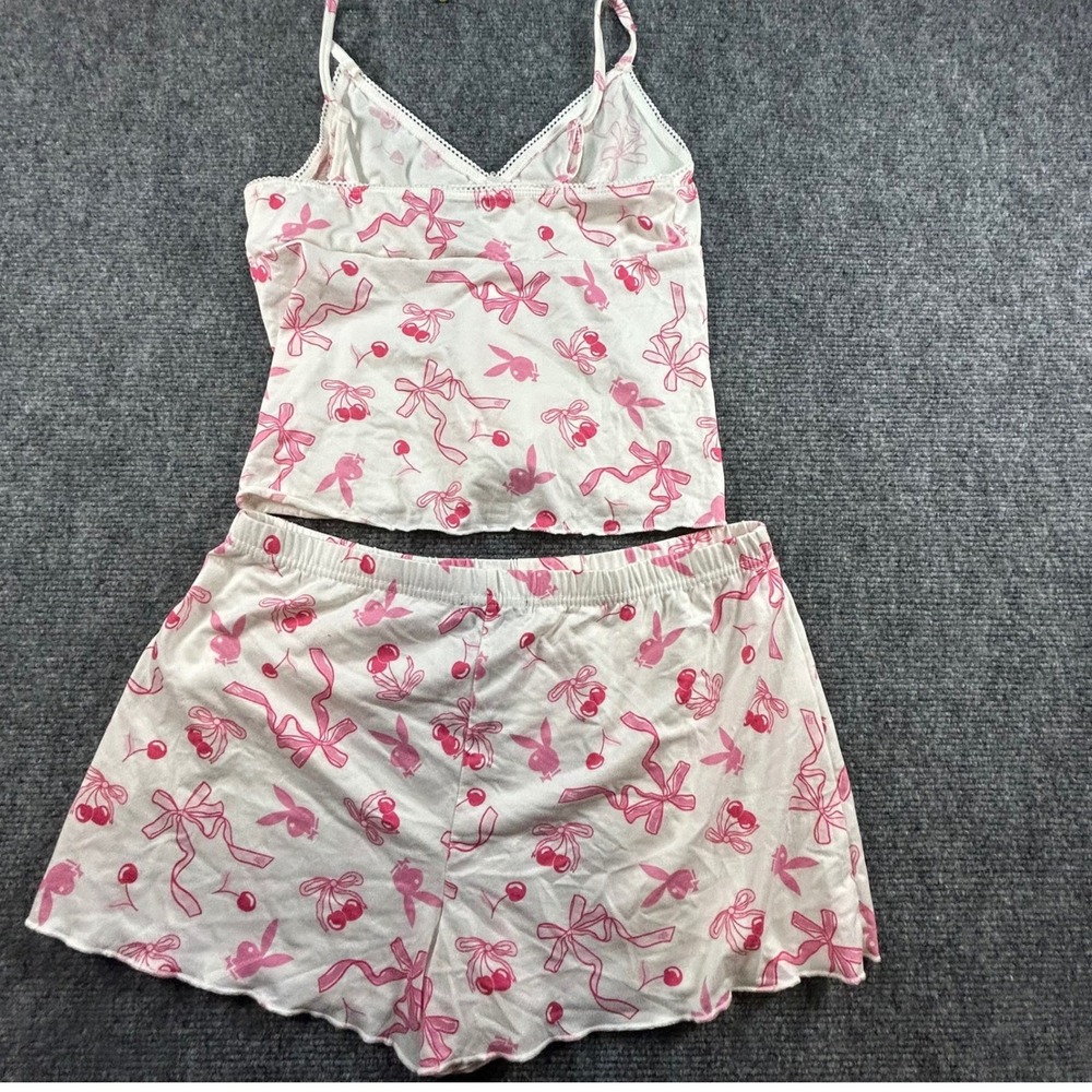 Playboy Pink Bunny Cherry Ribbon Pajama Set Camisole and Shorts White Medium - Picture 5 of 8